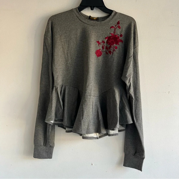 PETERSYN Gray Ruffled Floral Long Sleeve Crew Neck Peplum Sweater 22138 - Picture 2 of 8